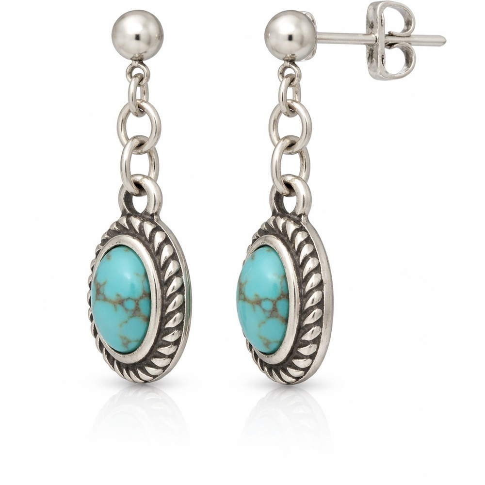 Sterling Silver Turquoise Oval Drop Stud Earrings - Picture 2 of 3